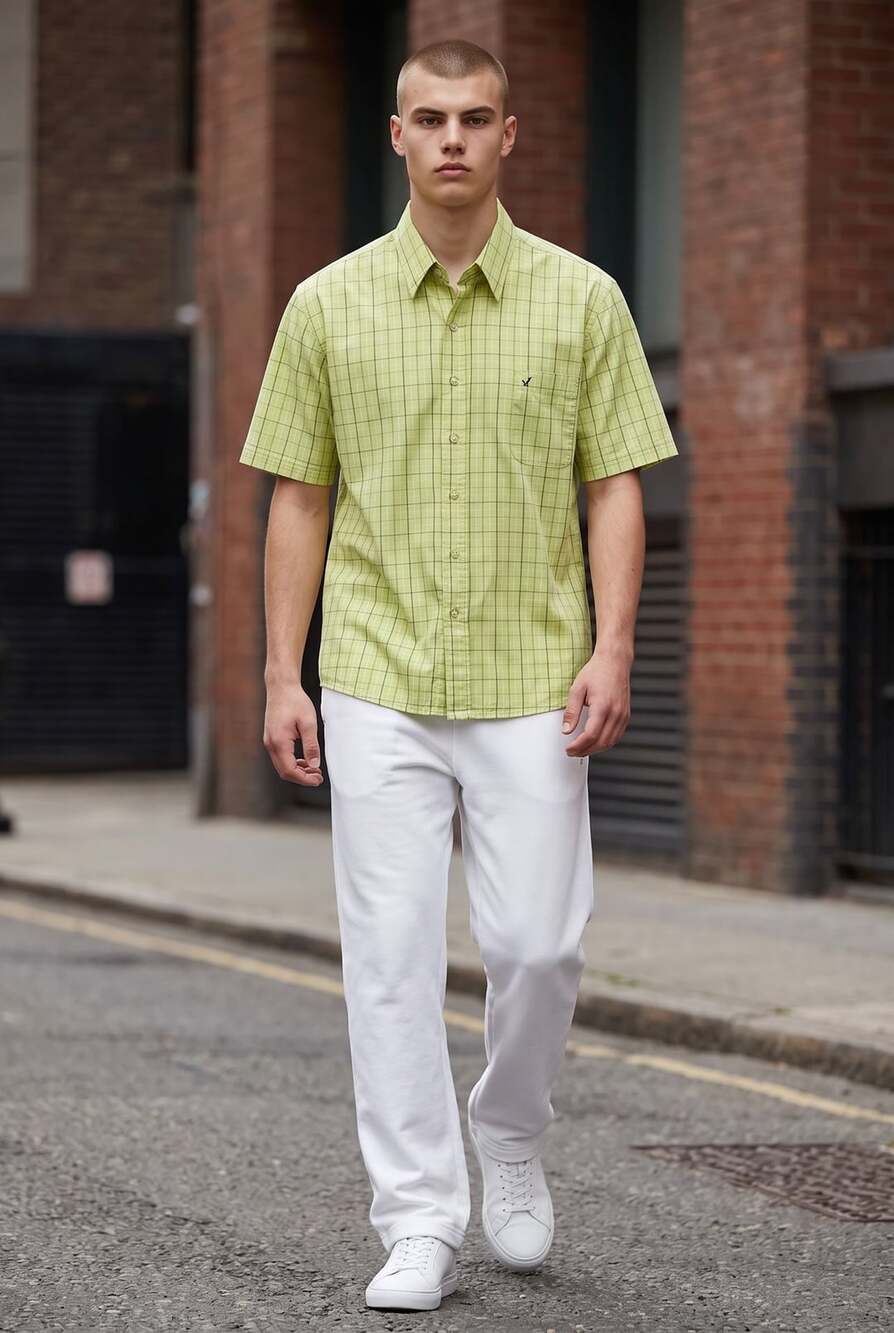 Valentino Sacci Short Sleeve Button Down Shirt Size L Green Plaid
